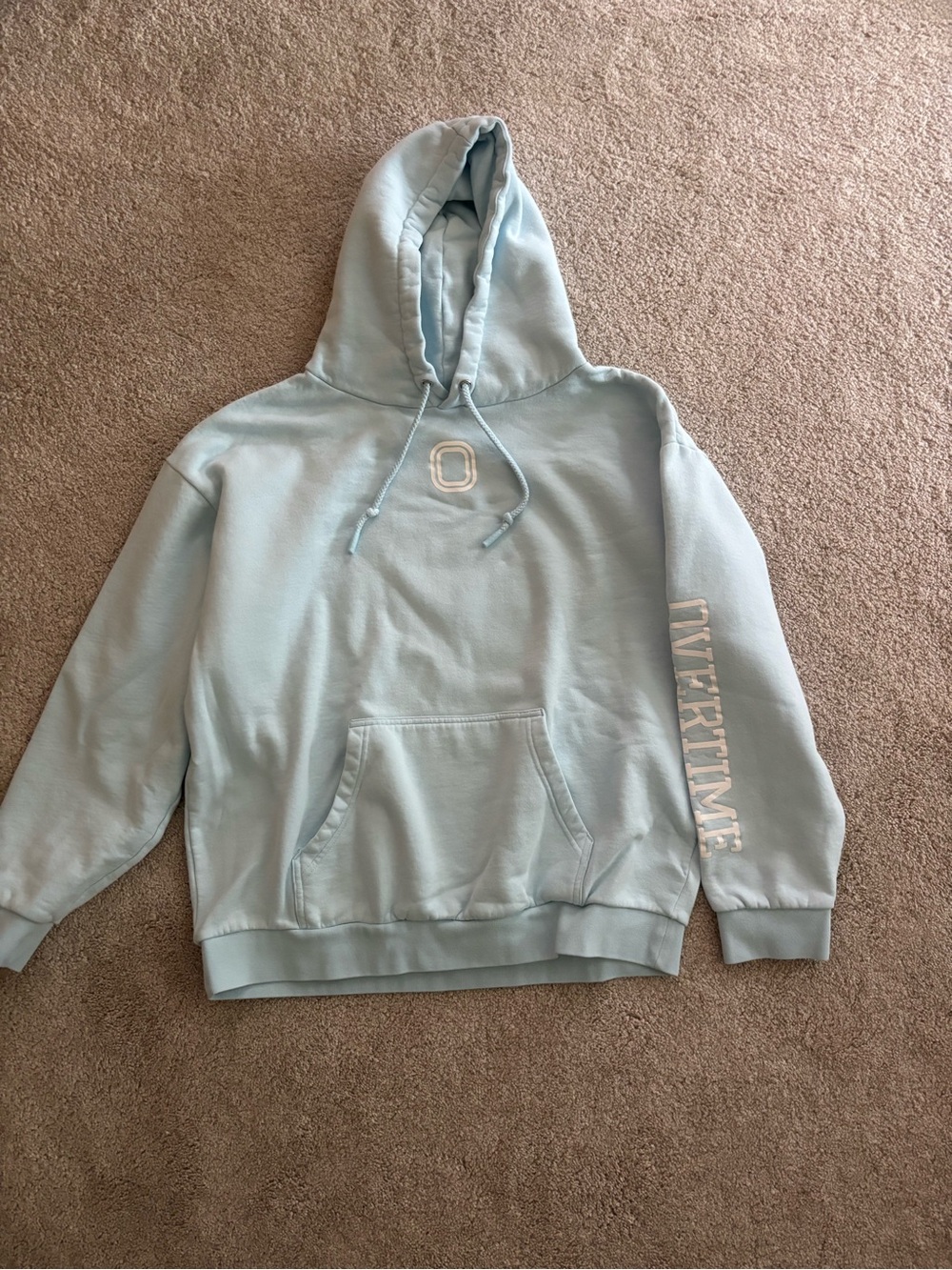 OVERTIME Light Blue Hooded Sweatshirt with Sleeve Text